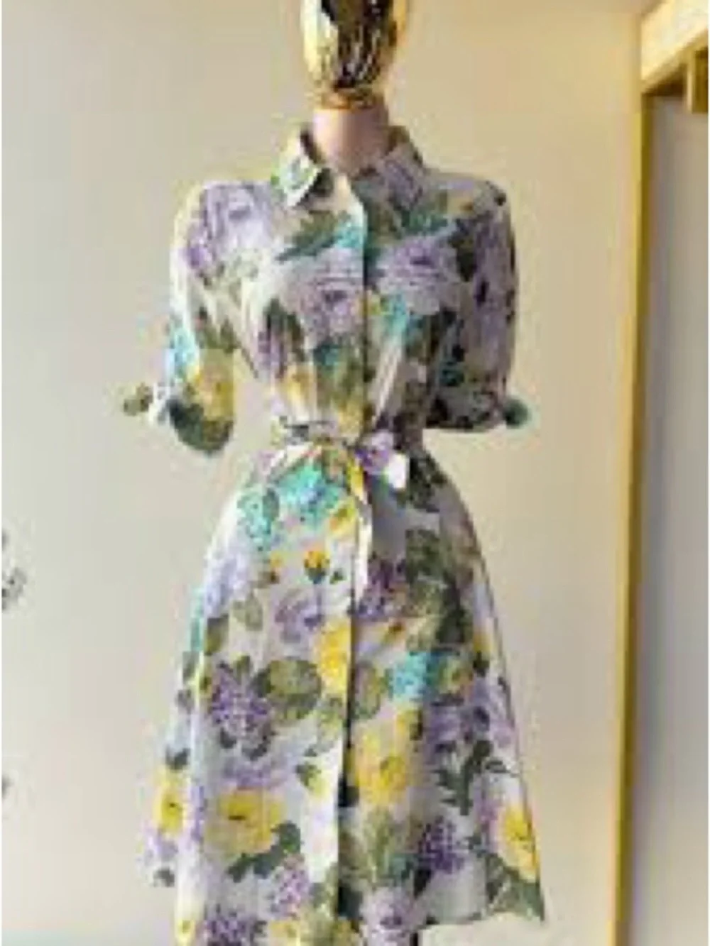 MSRP $149 Calvin Klein White Floral Midi Shirt Dress with Purple & Yellow Blooms - Picture 2 of 5